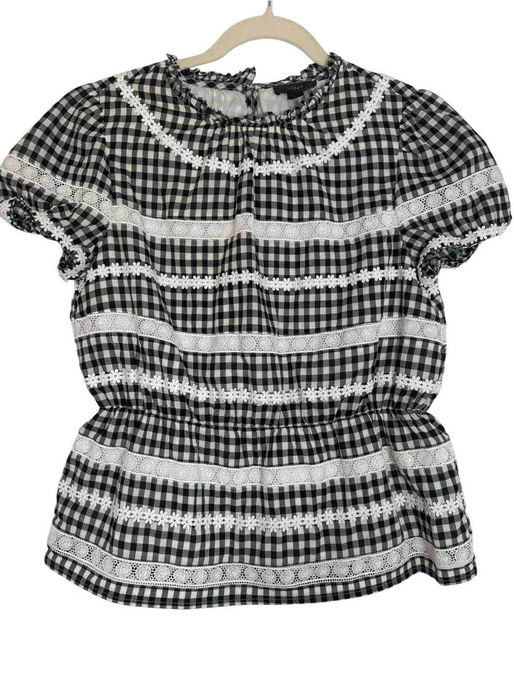 J. Crew Daisy Chain Black & White Gingham Smocked Waist Short Sleeve XS Top